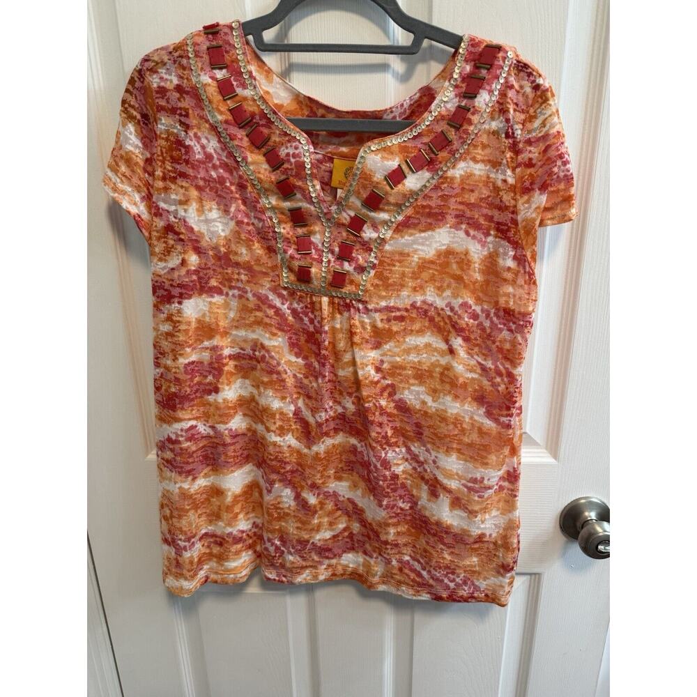 Ruby Rd. XL Orange Striped Sheer Top Lined Embellished Neckline Preowned
